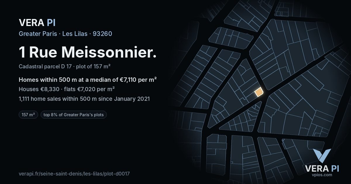 1 Rue Meissonnier, Les Lilas at night – the plot lit, the parcels around coloured by the prices near them