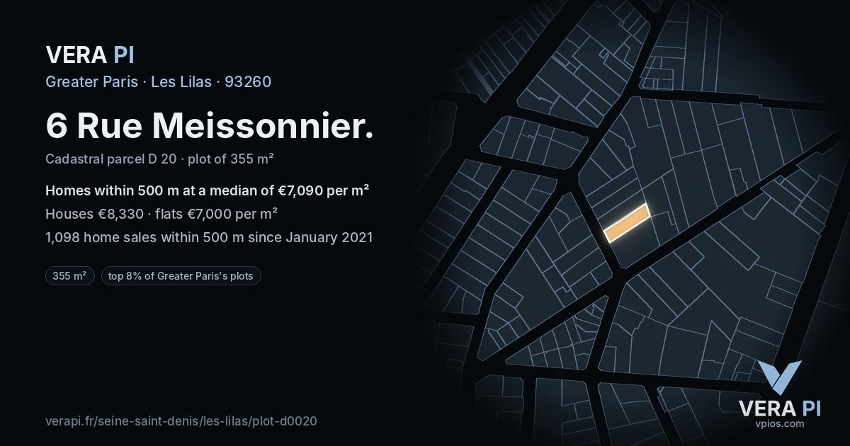 6 Rue Meissonnier, Les Lilas at night – the plot lit, the parcels around coloured by the prices near them