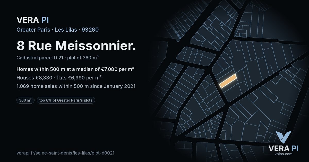 8 Rue Meissonnier, Les Lilas at night – the plot lit, the parcels around coloured by the prices near them