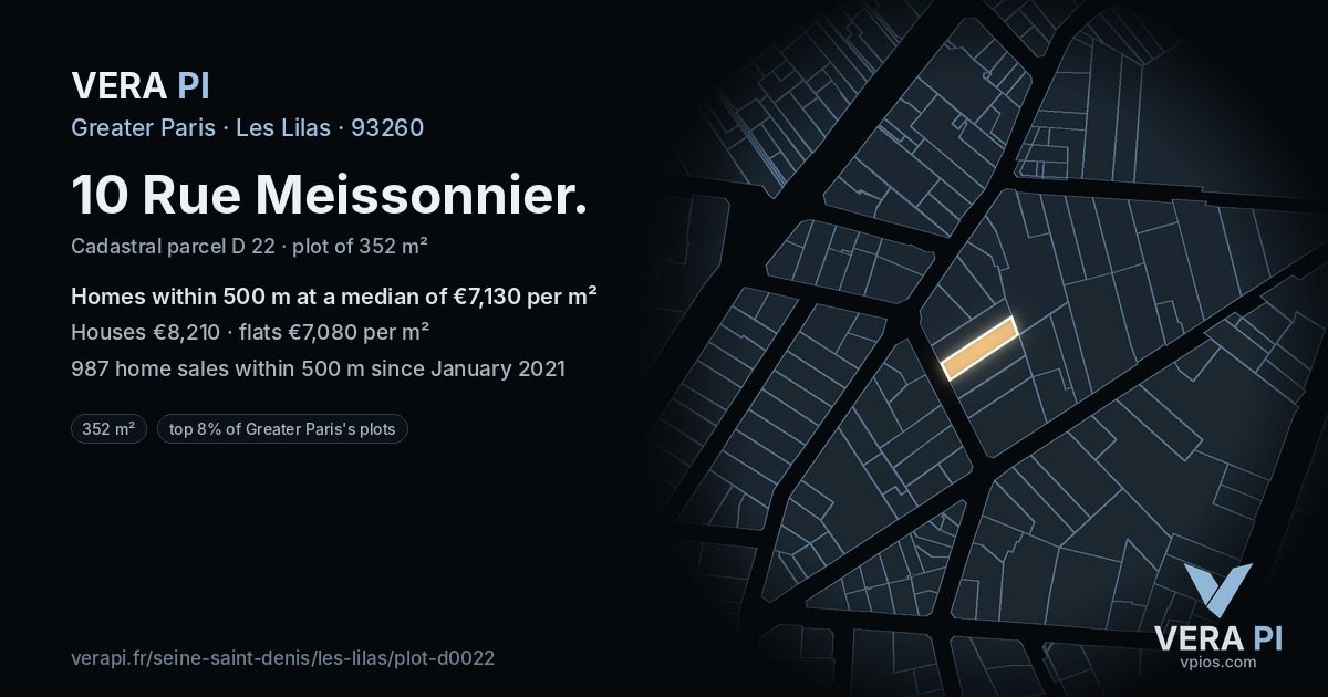 10 Rue Meissonnier, Les Lilas at night – the plot lit, the parcels around coloured by the prices near them