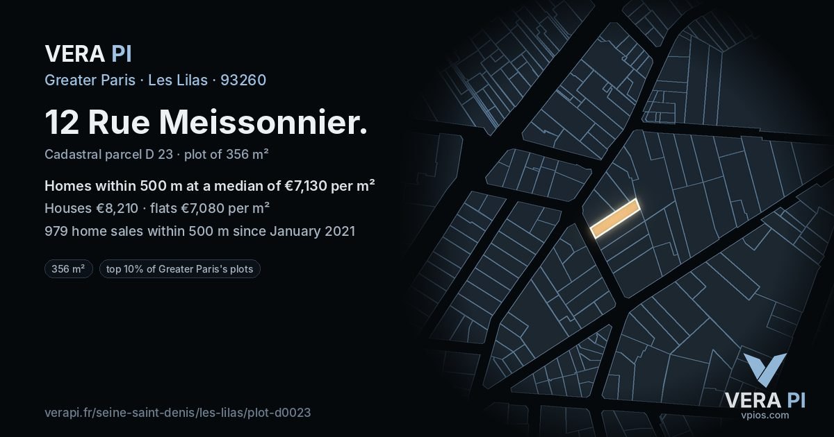12 Rue Meissonnier, Les Lilas at night – the plot lit, the parcels around coloured by the prices near them
