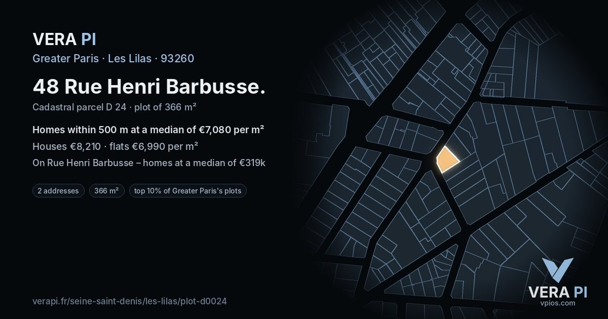48 Rue Henri Barbusse, Les Lilas at night – the plot lit, the parcels around coloured by the prices near them