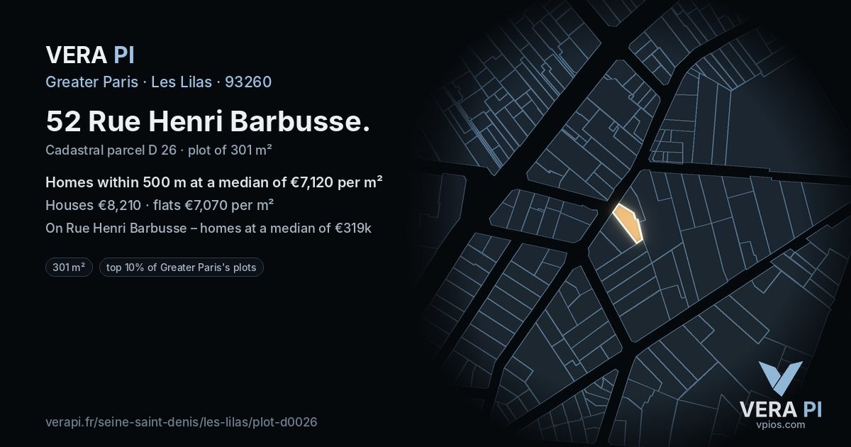 52 Rue Henri Barbusse, Les Lilas at night – the plot lit, the parcels around coloured by the prices near them
