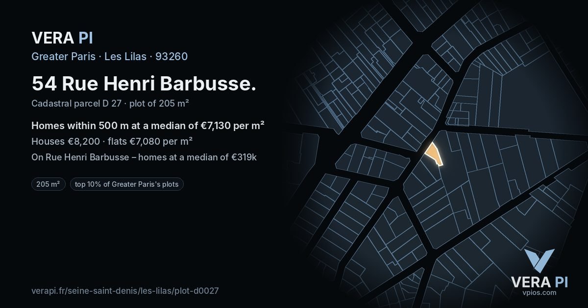54 Rue Henri Barbusse, Les Lilas at night – the plot lit, the parcels around coloured by the prices near them