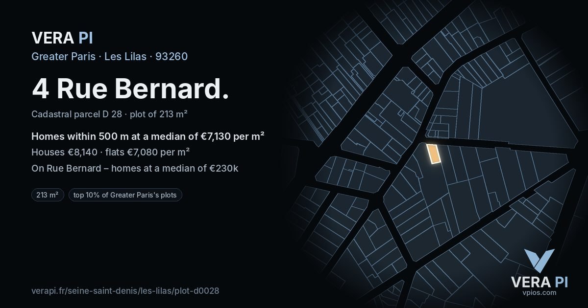 4 Rue Bernard, Les Lilas at night – the plot lit, the parcels around coloured by the prices near them