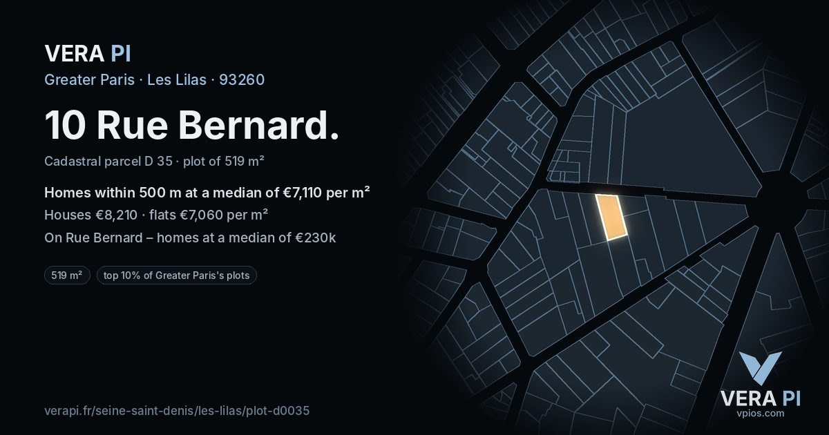 10 Rue Bernard, Les Lilas at night – the plot lit, the parcels around coloured by the prices near them