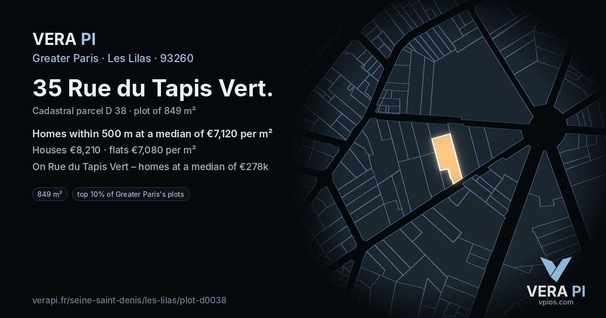 35 Rue du Tapis Vert, Les Lilas at night – the plot lit, the parcels around coloured by the prices near them