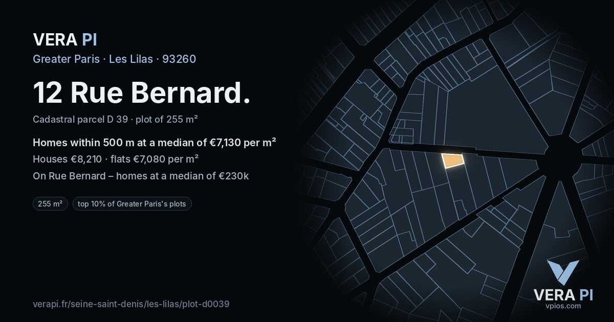12 Rue Bernard, Les Lilas at night – the plot lit, the parcels around coloured by the prices near them