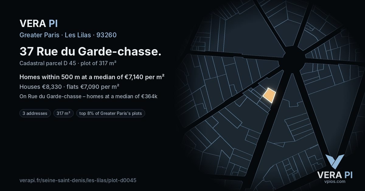 37 Rue du Garde-chasse, Les Lilas at night – the plot lit, the parcels around coloured by the prices near them