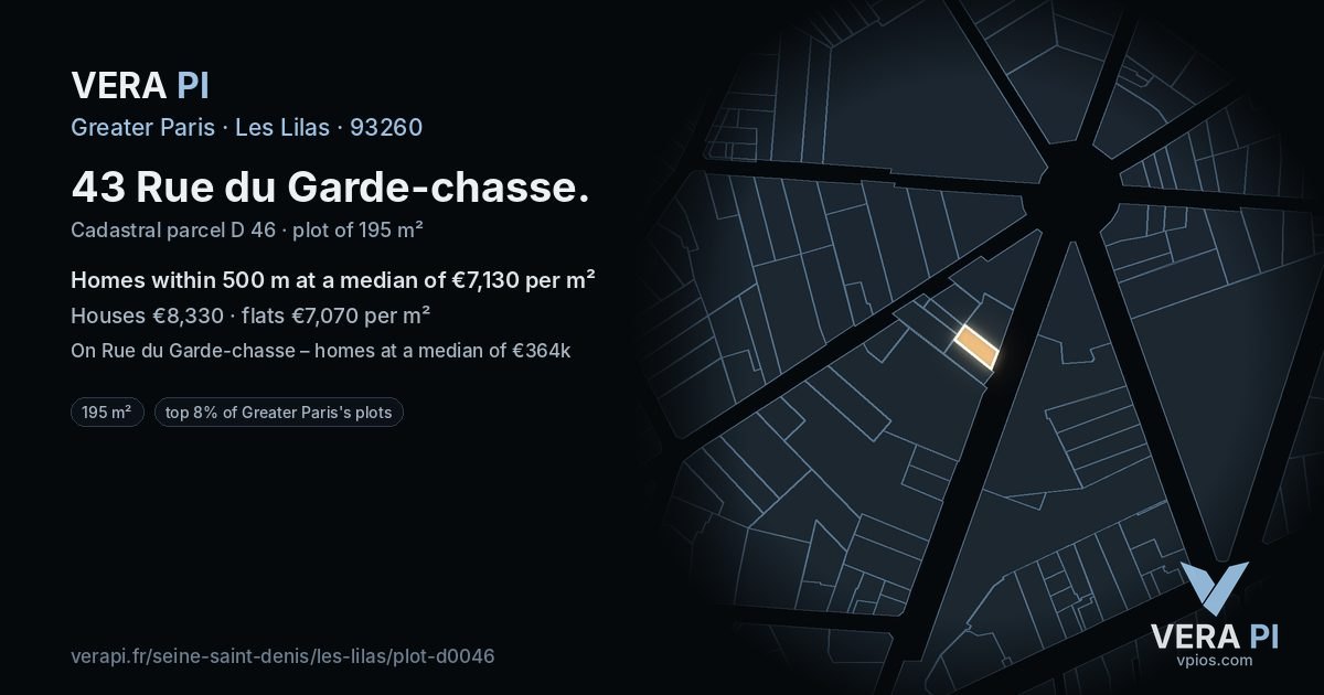 43 Rue du Garde-chasse, Les Lilas at night – the plot lit, the parcels around coloured by the prices near them
