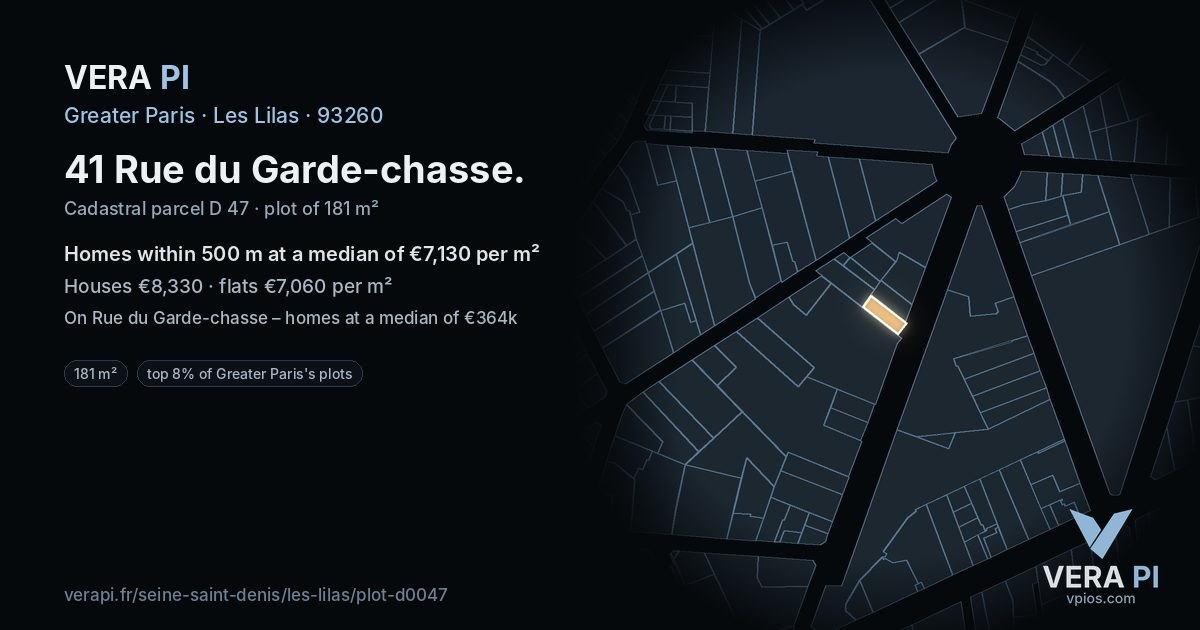 41 Rue du Garde-chasse, Les Lilas at night – the plot lit, the parcels around coloured by the prices near them