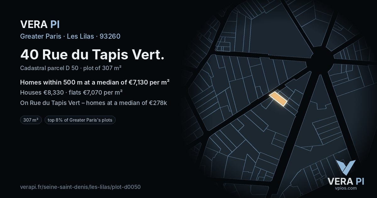 40 Rue du Tapis Vert, Les Lilas at night – the plot lit, the parcels around coloured by the prices near them