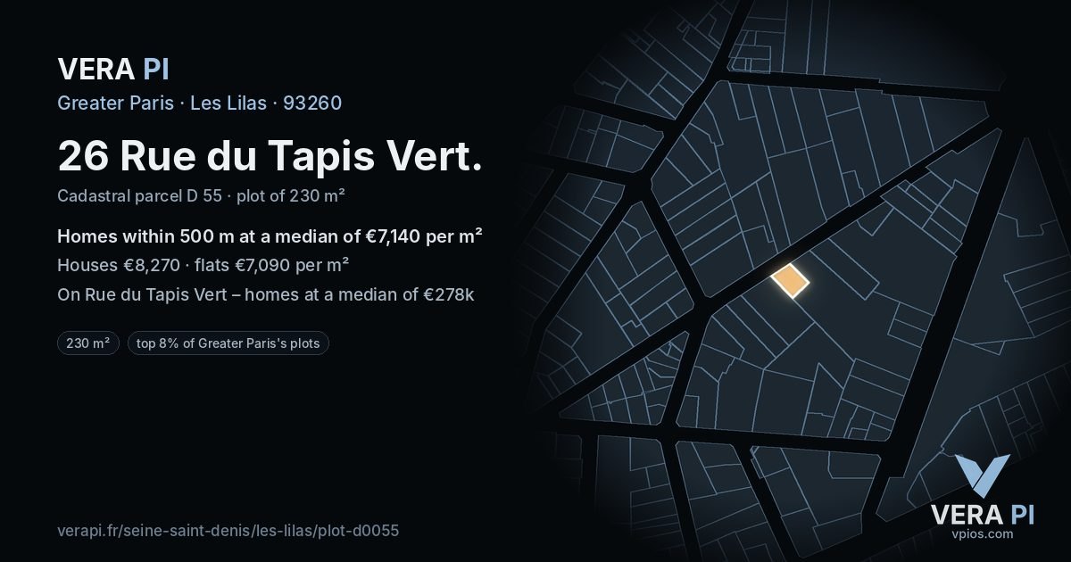 26 Rue du Tapis Vert, Les Lilas at night – the plot lit, the parcels around coloured by the prices near them