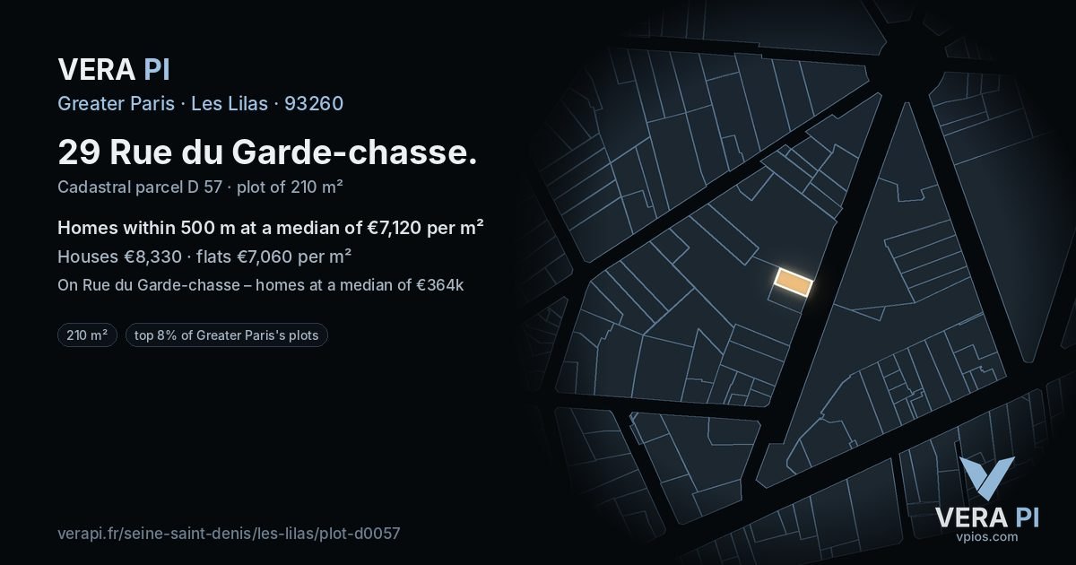 29 Rue du Garde-chasse, Les Lilas at night – the plot lit, the parcels around coloured by the prices near them