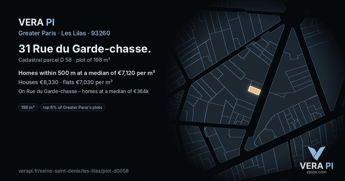 31 Rue du Garde-chasse, Les Lilas at night – the plot lit, the parcels around coloured by the prices near them