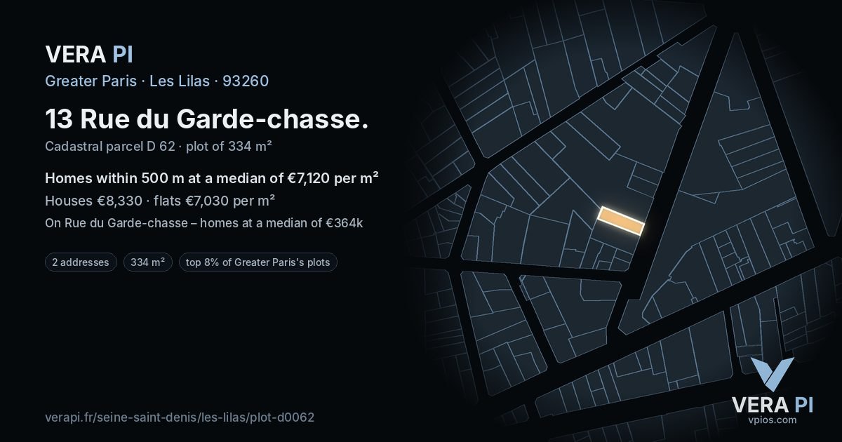 13 Rue du Garde-chasse, Les Lilas at night – the plot lit, the parcels around coloured by the prices near them