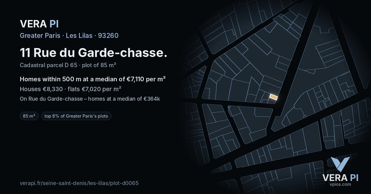 11 Rue du Garde-chasse, Les Lilas at night – the plot lit, the parcels around coloured by the prices near them
