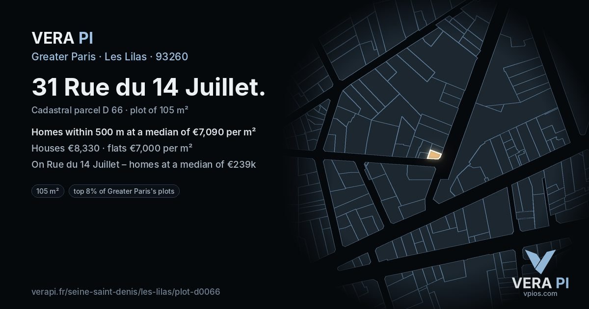 31 Rue du 14 Juillet, Les Lilas at night – the plot lit, the parcels around coloured by the prices near them