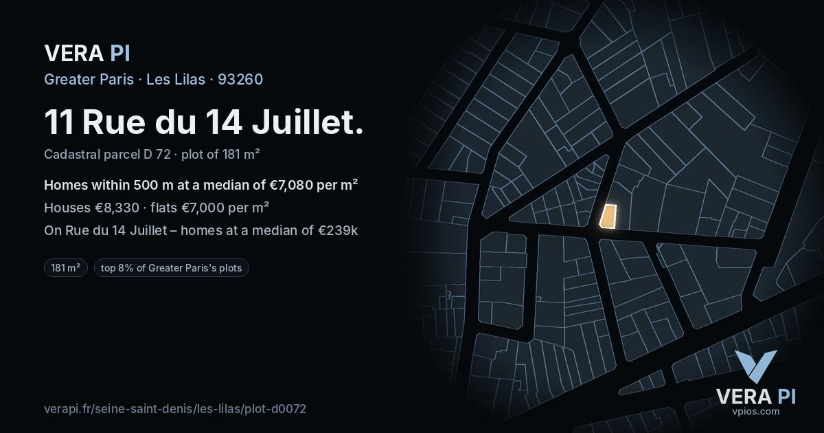 11 Rue du 14 Juillet, Les Lilas at night – the plot lit, the parcels around coloured by the prices near them