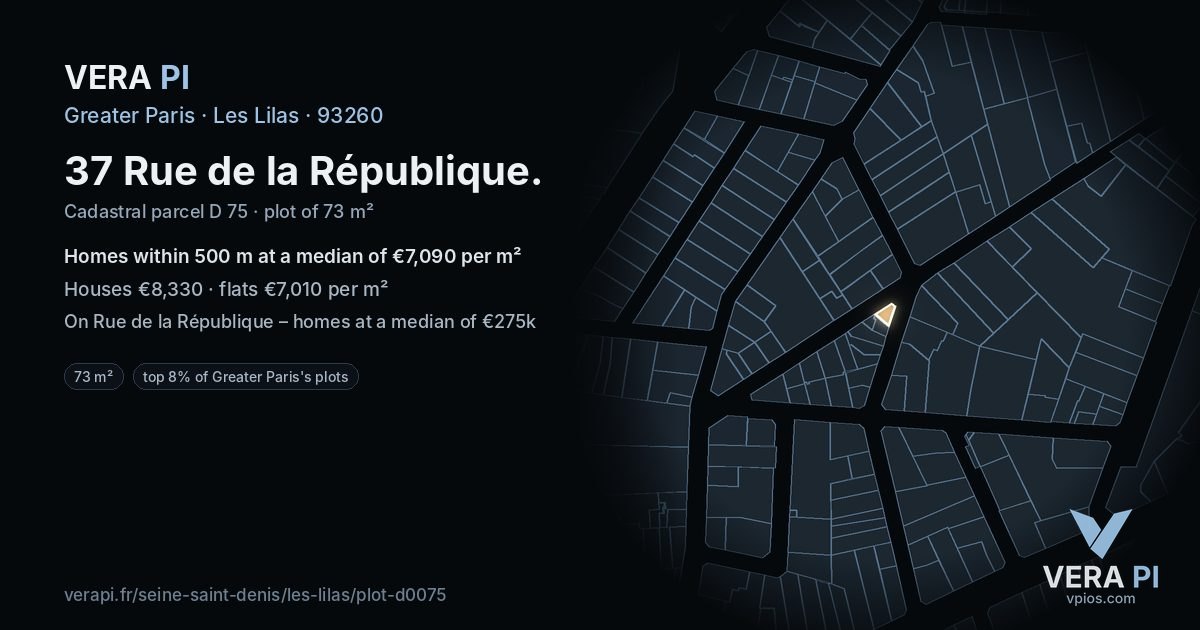 37 Rue de la République, Les Lilas at night – the plot lit, the parcels around coloured by the prices near them