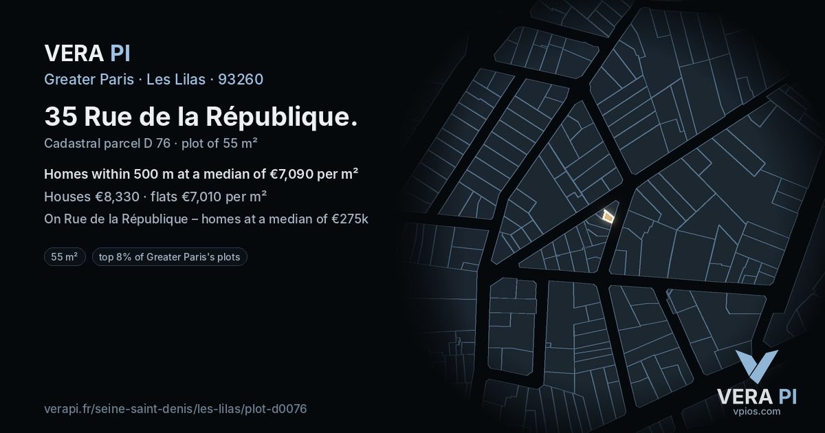 35 Rue de la République, Les Lilas at night – the plot lit, the parcels around coloured by the prices near them