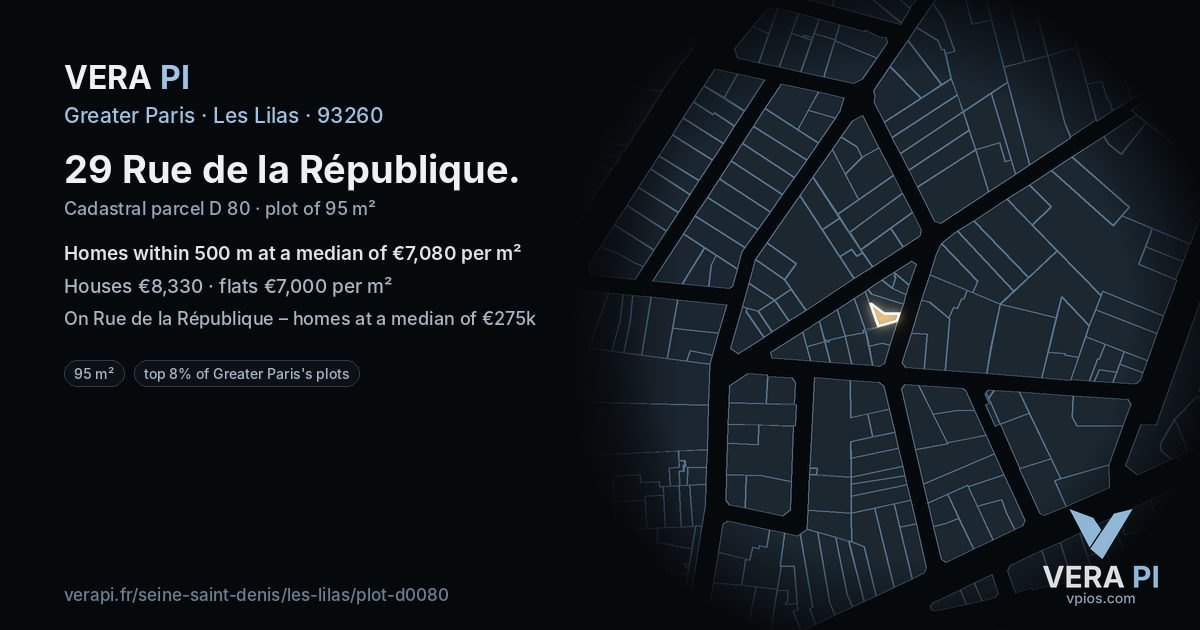 29 Rue de la République, Les Lilas at night – the plot lit, the parcels around coloured by the prices near them