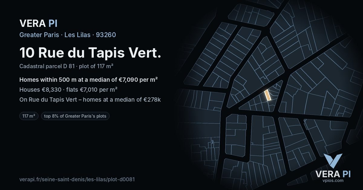 10 Rue du Tapis Vert, Les Lilas at night – the plot lit, the parcels around coloured by the prices near them