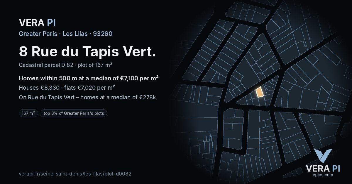 8 Rue du Tapis Vert, Les Lilas at night – the plot lit, the parcels around coloured by the prices near them