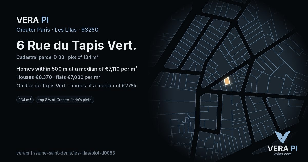 6 Rue du Tapis Vert, Les Lilas at night – the plot lit, the parcels around coloured by the prices near them