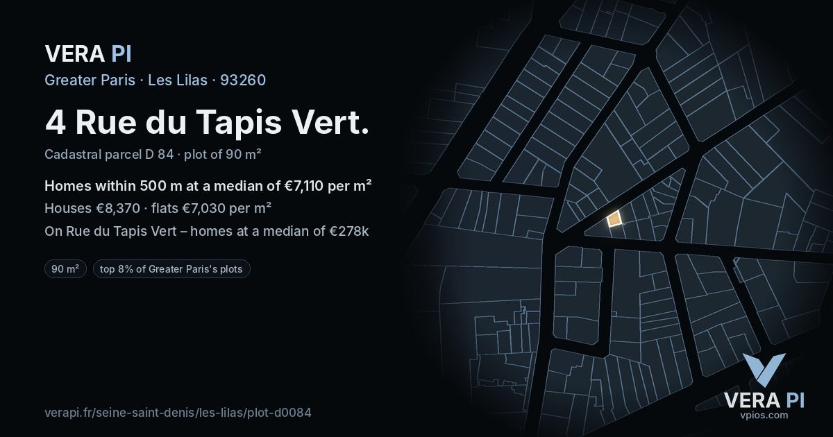 4 Rue du Tapis Vert, Les Lilas at night – the plot lit, the parcels around coloured by the prices near them