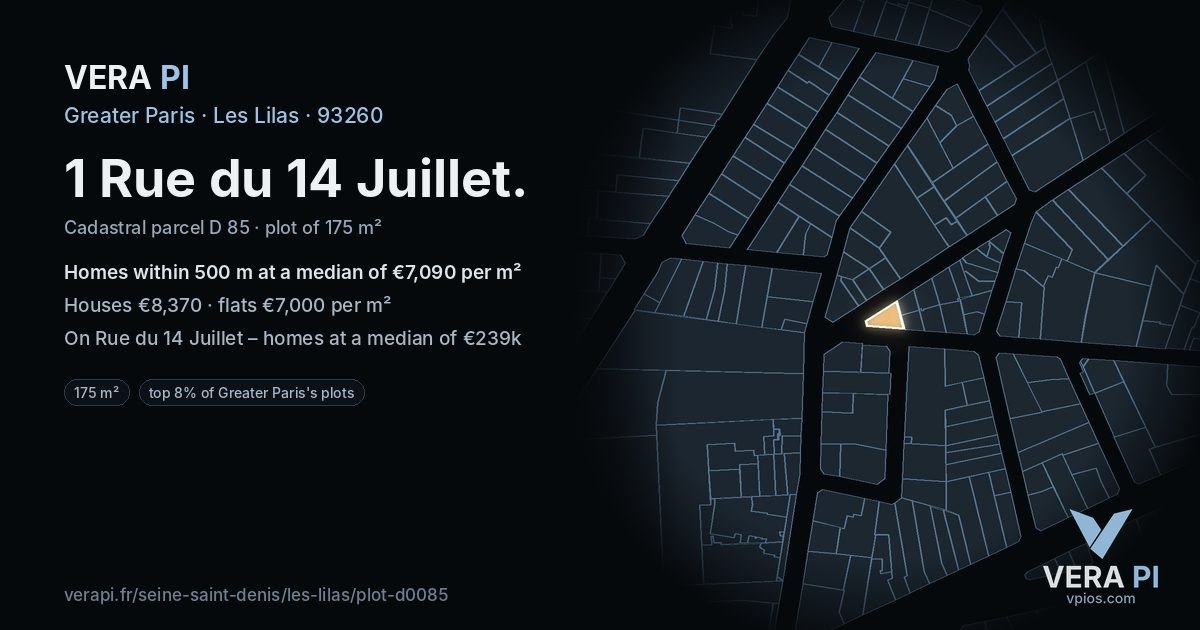 1 Rue du 14 Juillet, Les Lilas at night – the plot lit, the parcels around coloured by the prices near them