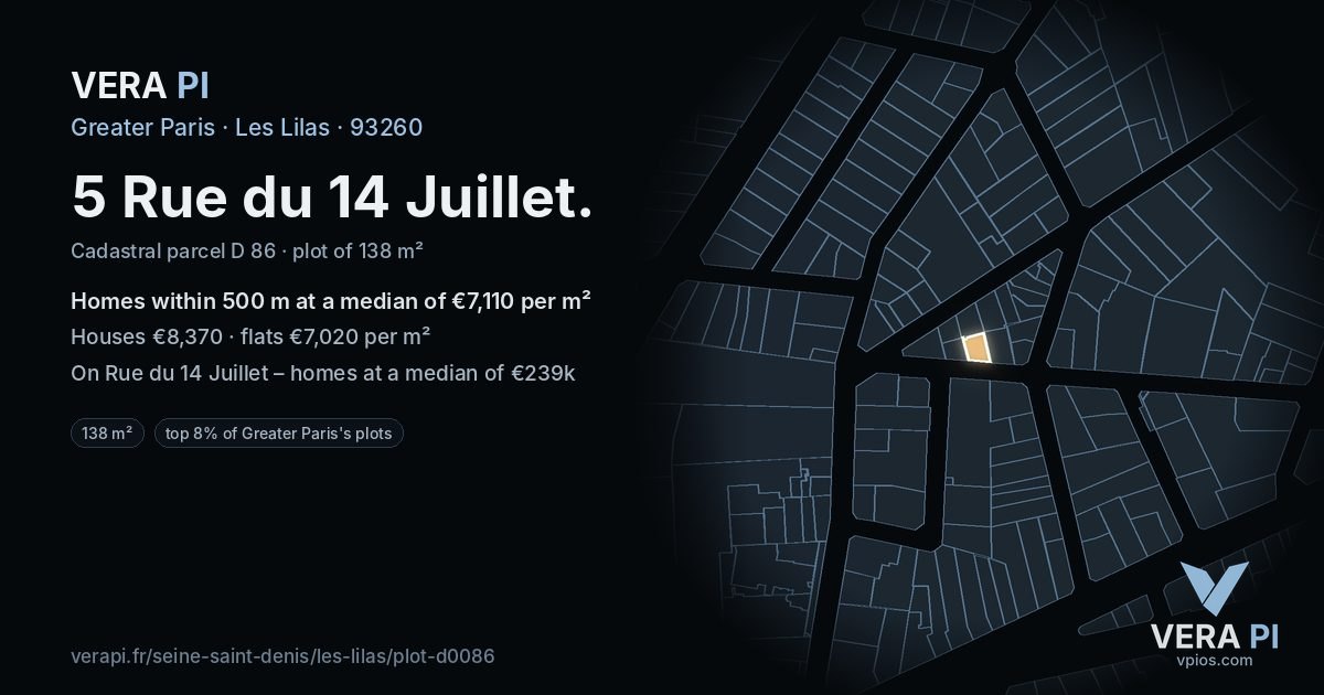5 Rue du 14 Juillet, Les Lilas at night – the plot lit, the parcels around coloured by the prices near them