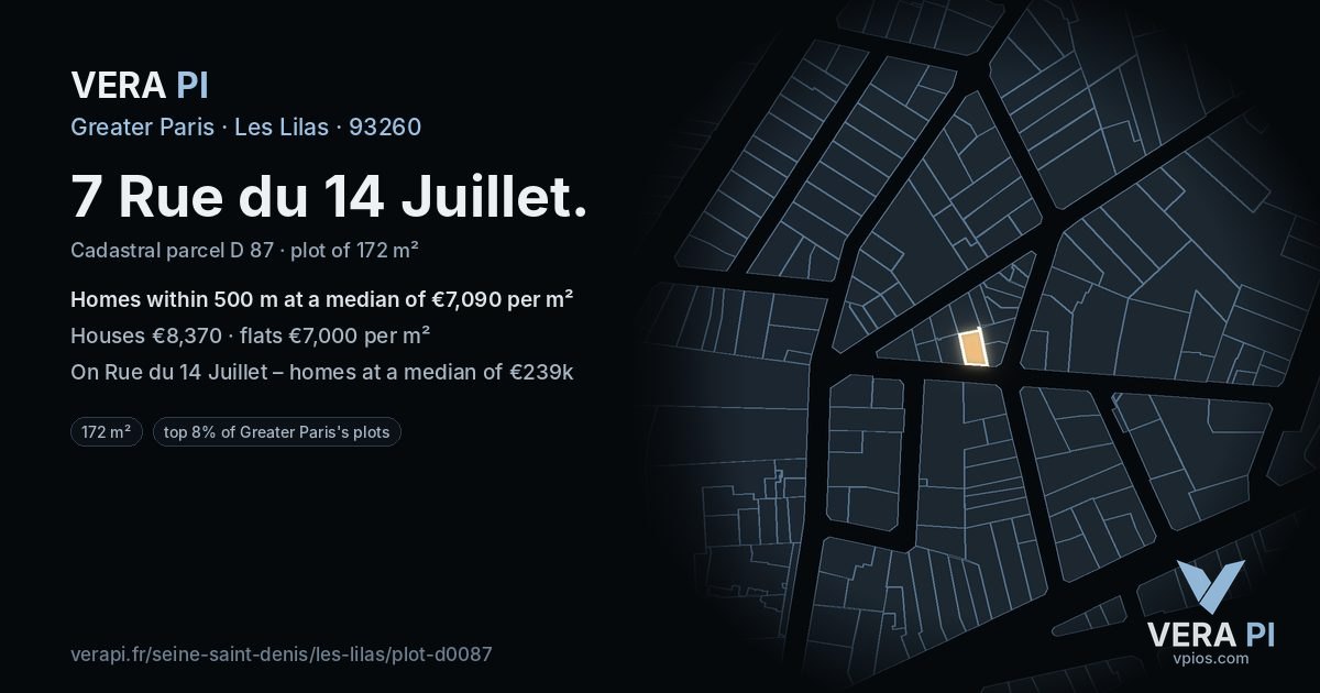 7 Rue du 14 Juillet, Les Lilas at night – the plot lit, the parcels around coloured by the prices near them