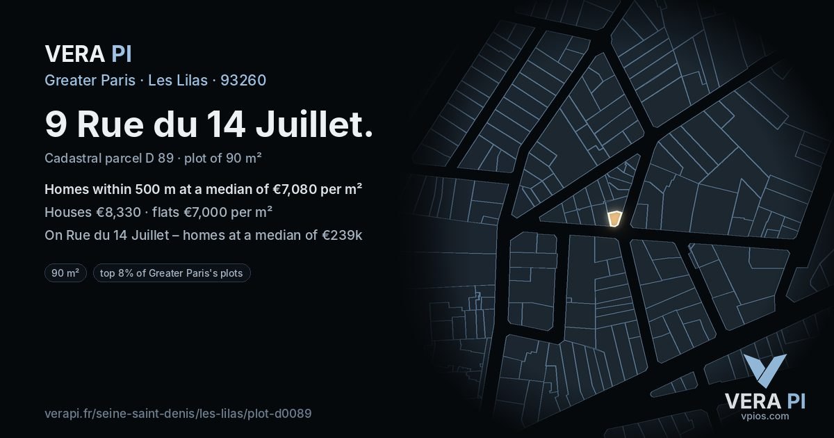 9 Rue du 14 Juillet, Les Lilas at night – the plot lit, the parcels around coloured by the prices near them