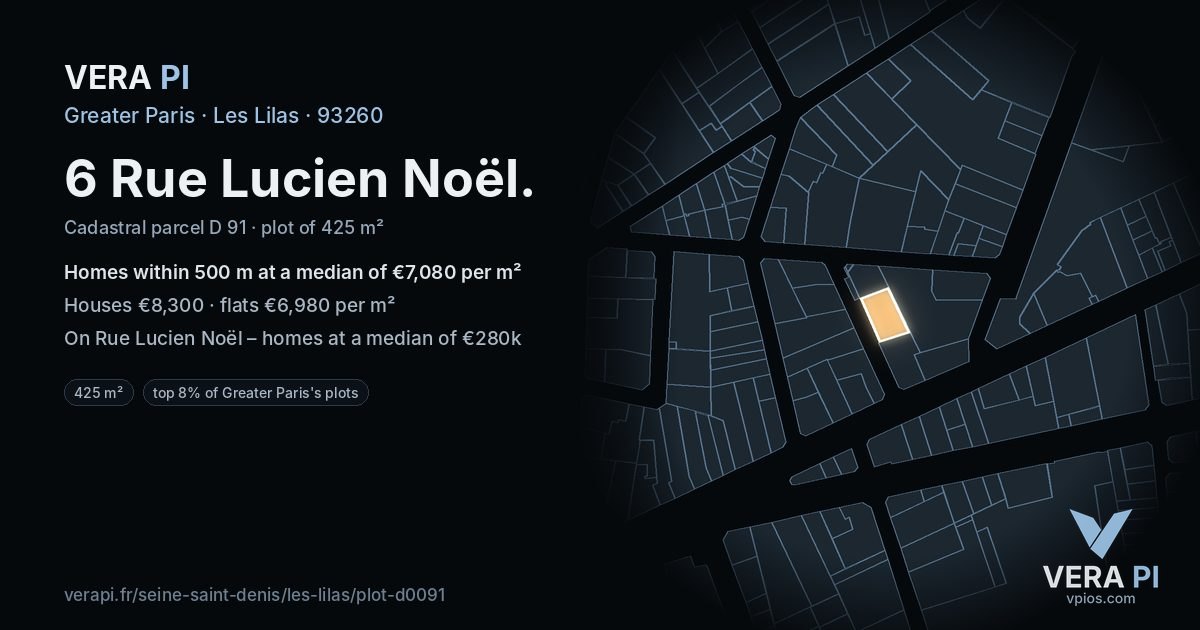 6 Rue Lucien Noël, Les Lilas at night – the plot lit, the parcels around coloured by the prices near them