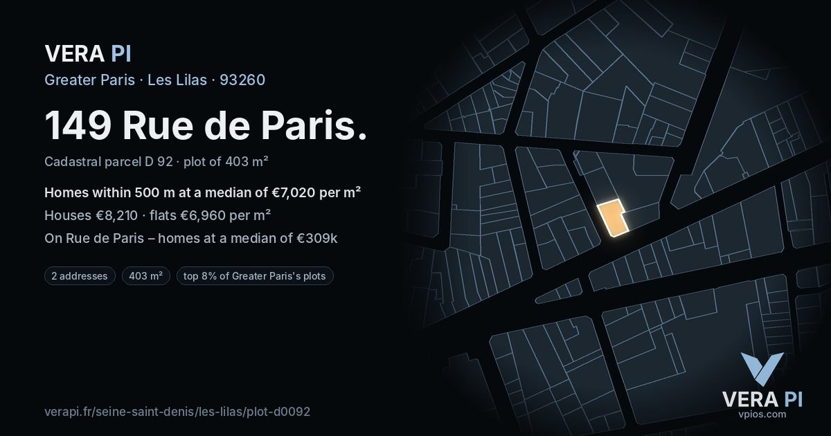 149 Rue de Paris, Les Lilas at night – the plot lit, the parcels around coloured by the prices near them