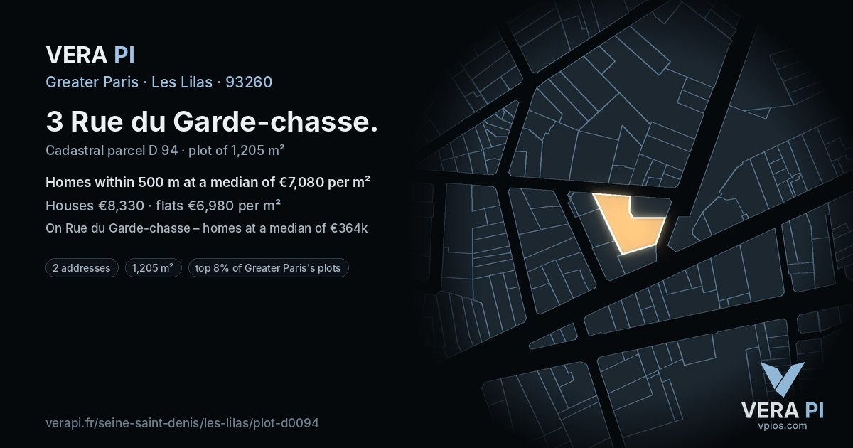 3 Rue du Garde-chasse, Les Lilas at night – the plot lit, the parcels around coloured by the prices near them