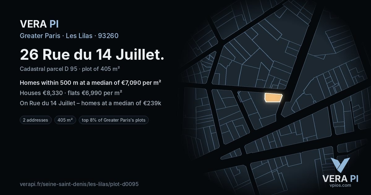 26 Rue du 14 Juillet, Les Lilas at night – the plot lit, the parcels around coloured by the prices near them