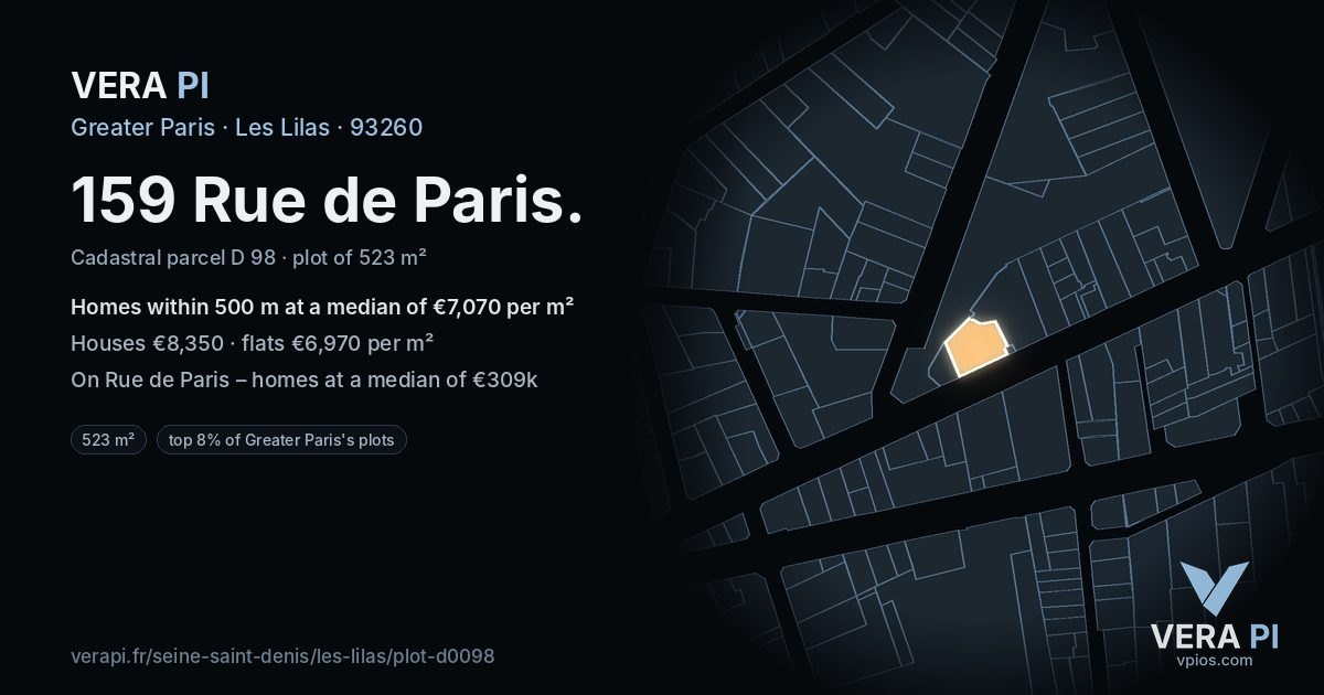 159 Rue de Paris, Les Lilas at night – the plot lit, the parcels around coloured by the prices near them