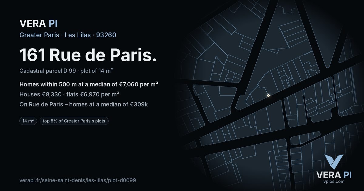 161 Rue de Paris, Les Lilas at night – the plot lit, the parcels around coloured by the prices near them