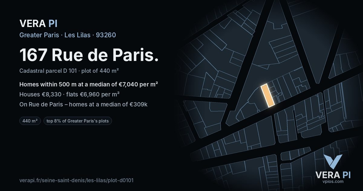 167 Rue de Paris, Les Lilas at night – the plot lit, the parcels around coloured by the prices near them