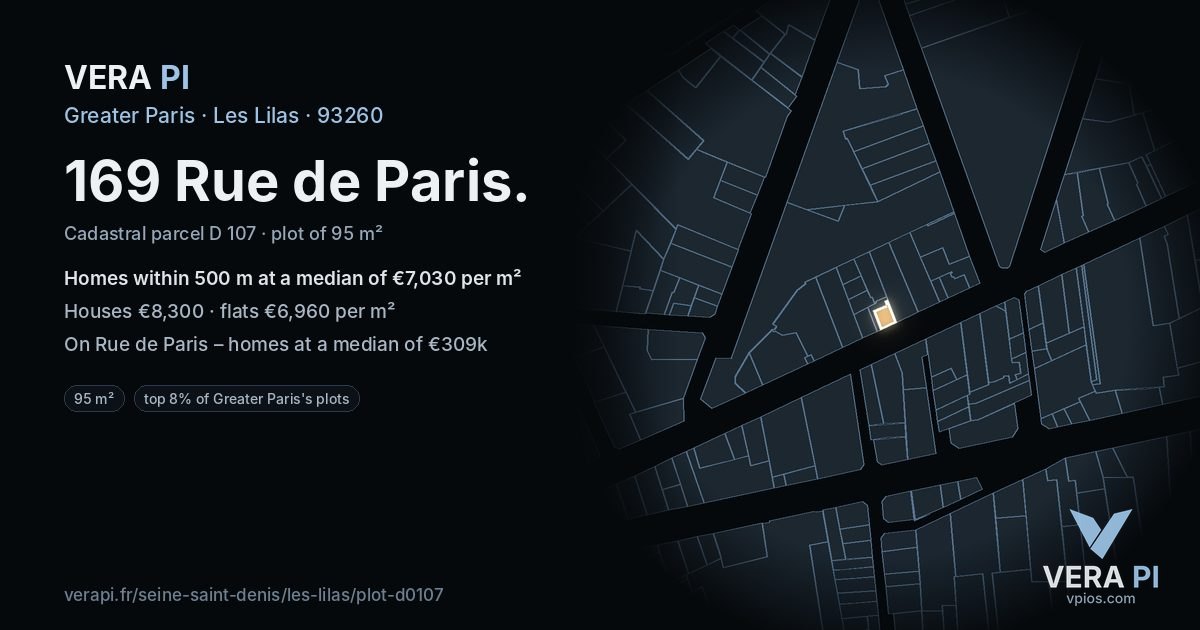 169 Rue de Paris, Les Lilas at night – the plot lit, the parcels around coloured by the prices near them