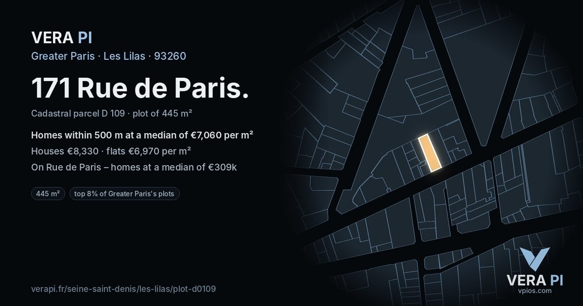 171 Rue de Paris, Les Lilas at night – the plot lit, the parcels around coloured by the prices near them