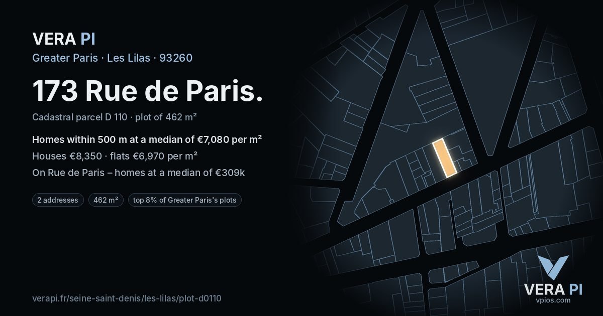 173 Rue de Paris, Les Lilas at night – the plot lit, the parcels around coloured by the prices near them
