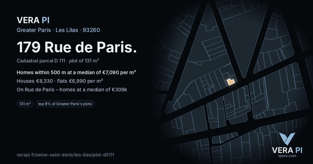 179 Rue de Paris, Les Lilas at night – the plot lit, the parcels around coloured by the prices near them