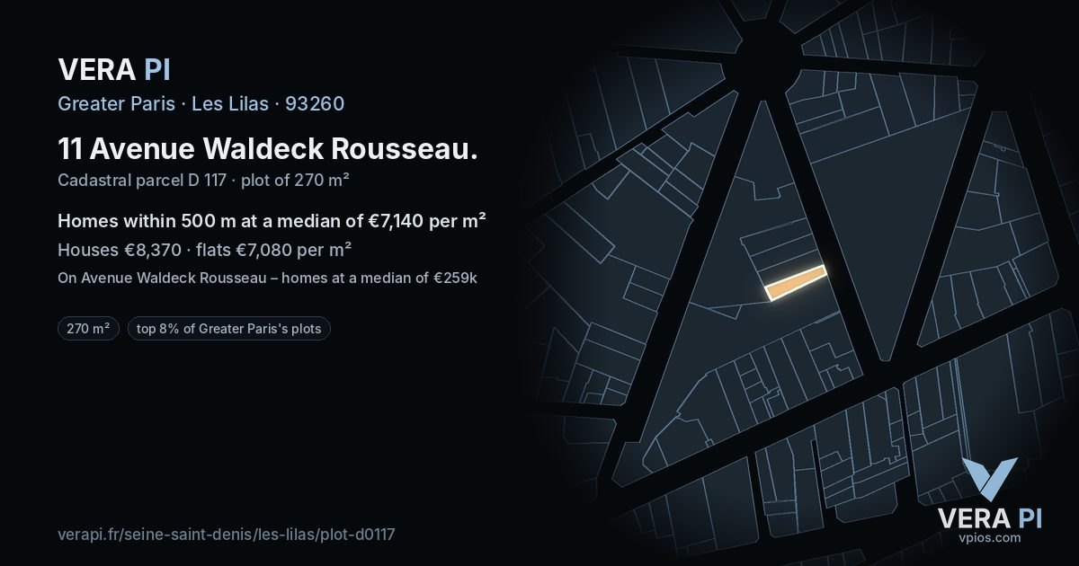 11 Avenue Waldeck Rousseau, Les Lilas at night – the plot lit, the parcels around coloured by the prices near them