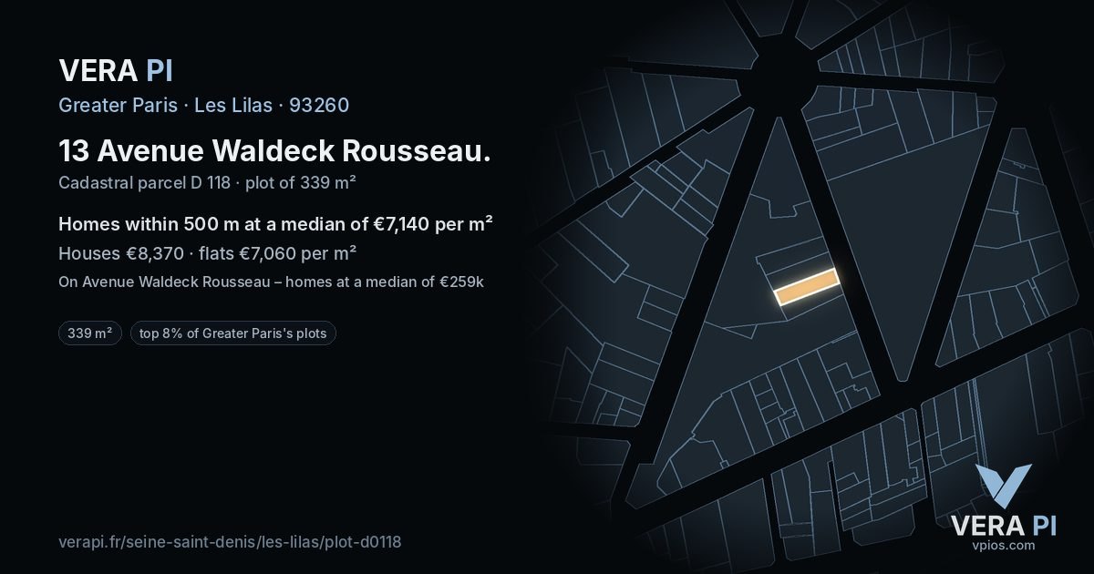 13 Avenue Waldeck Rousseau, Les Lilas at night – the plot lit, the parcels around coloured by the prices near them