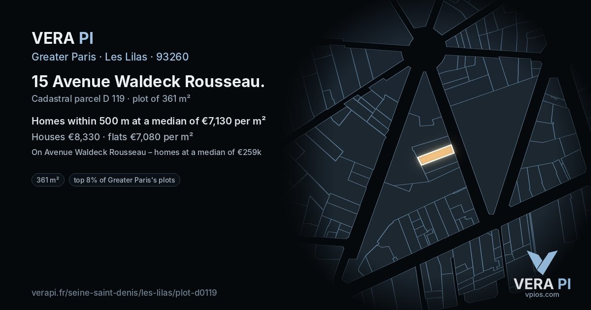15 Avenue Waldeck Rousseau, Les Lilas at night – the plot lit, the parcels around coloured by the prices near them