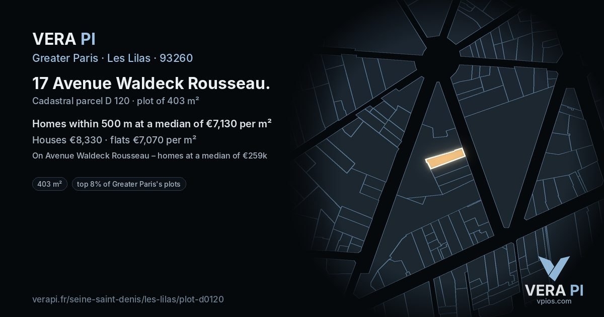 17 Avenue Waldeck Rousseau, Les Lilas at night – the plot lit, the parcels around coloured by the prices near them