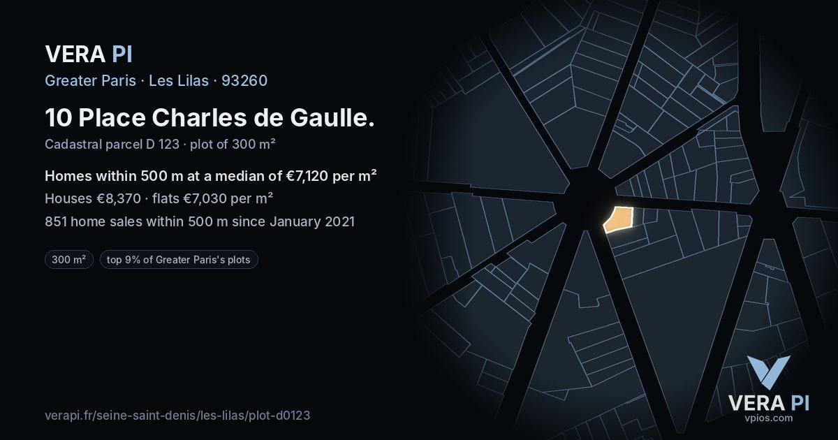 10 Place Charles de Gaulle, Les Lilas at night – the plot lit, the parcels around coloured by the prices near them